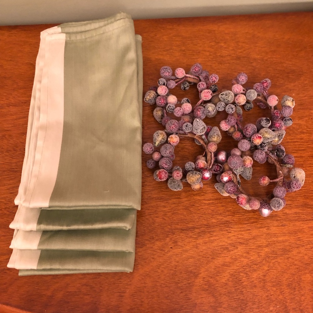 Sage Green Dinner Napkins (4) + Sugared Fruit Napkin Rings (4); Pier 1
